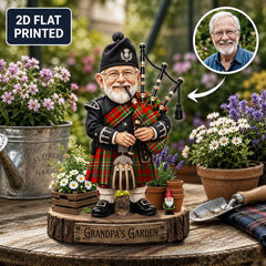 Personalized Langlands Clan Bagpipe Garden Gnome Caricature Plaque Custom Photo, Any Clan Tartan, Wood or Acrylic, Grandpa & Dad Gift, Scottish Highland Garden Decor BQ51
