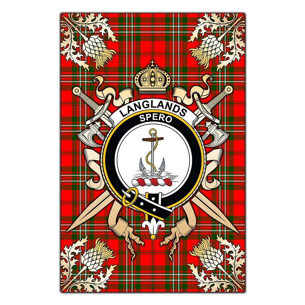 Clan Langlands Tartan Crest Black Garden Flag  - Gold Thistle  NP10 Clan Langlands Tartan Today   