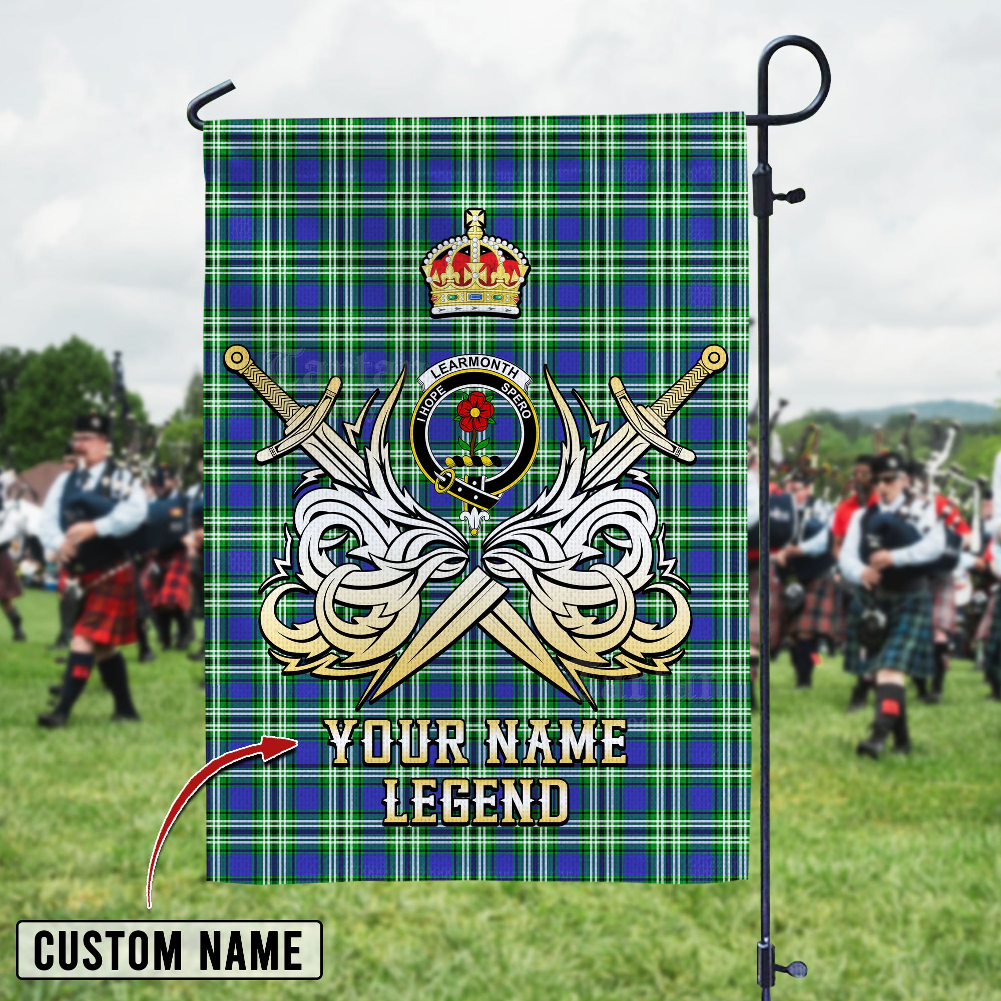 Personalized Custom Name Clan Learmonth Tartan Garden Flag with Clan Crest and the Golden Sword of Courageous Legacy RO26 - Learmonth Tartan Design, Scottish Heritage Gift