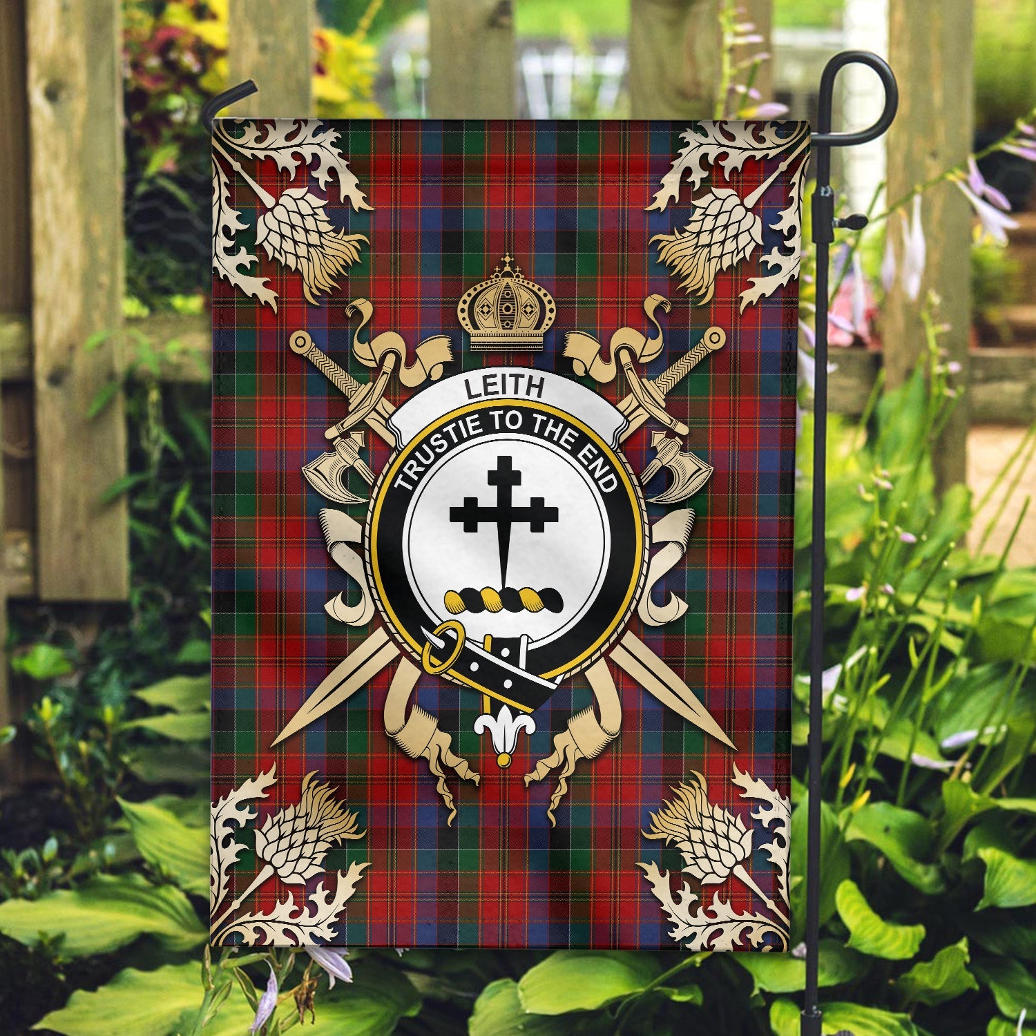 Clan Leith Tartan Crest Black Garden Flag  - Gold Thistle  XX60 Clan Garden Tartan Today   