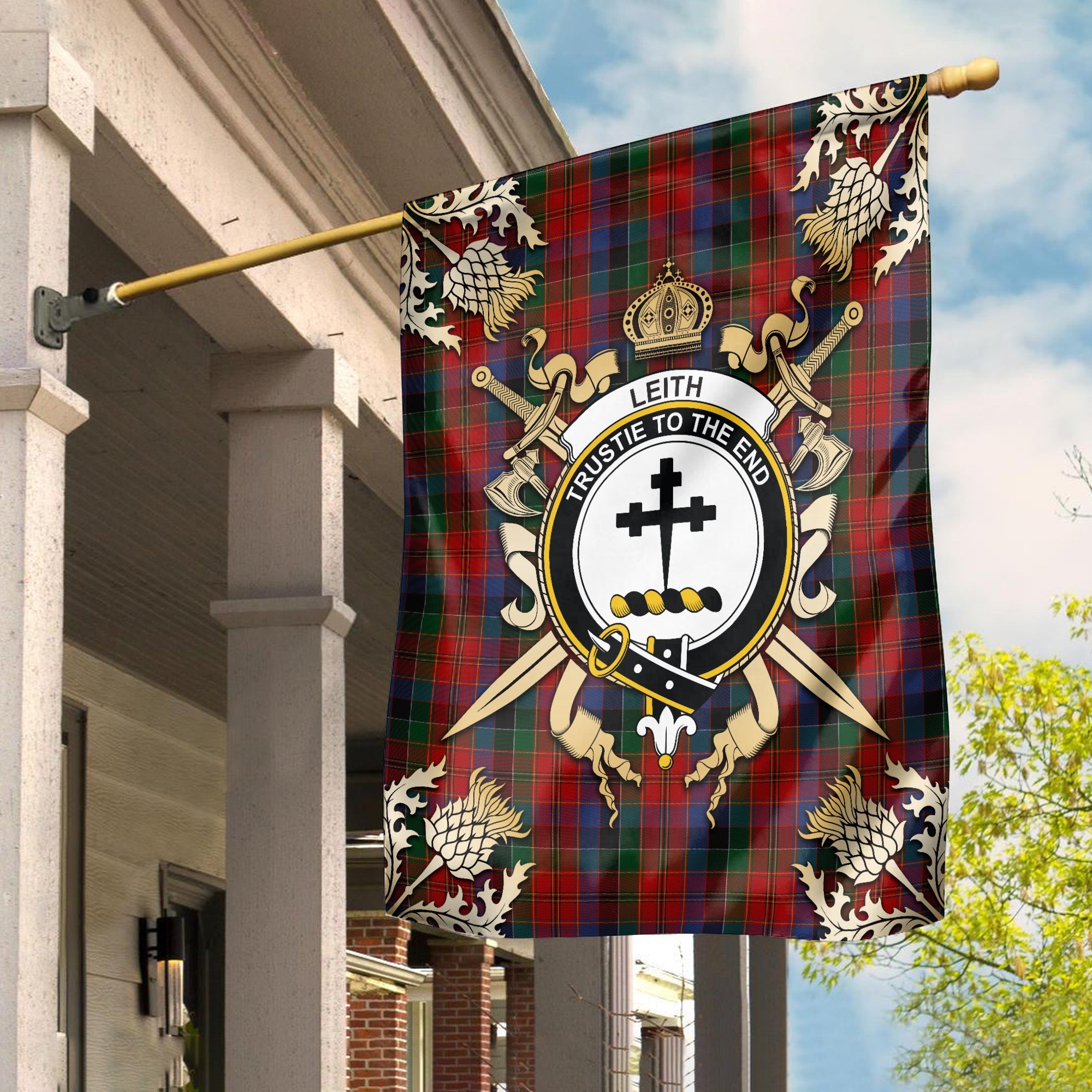 Clan Leith Tartan Crest Black Garden Flag  - Gold Thistle  XX60 Clan Garden Tartan Today   