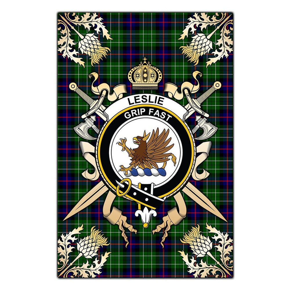 Clan Leslie Hunting Tartan Crest Black Garden Flag  - Gold Thistle  LY54 Clan Leslie Tartan Today   
