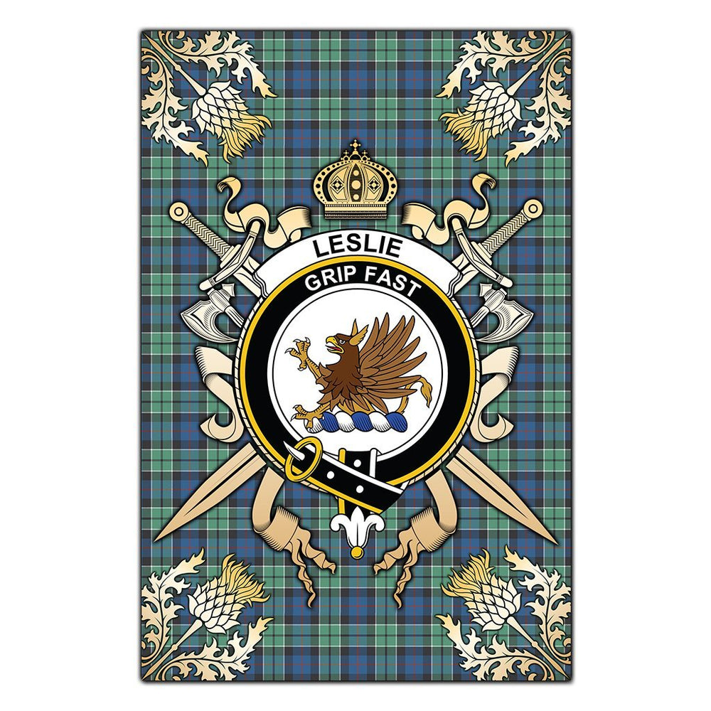 Clan Leslie Hunting Ancient Tartan Crest Black Garden Flag  - Gold Thistle  KG35 Clan Leslie Tartan Today   