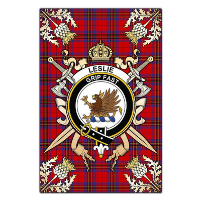 Clan Leslie Modern Tartan Crest Black Garden Flag - Gold Thistle UZ92