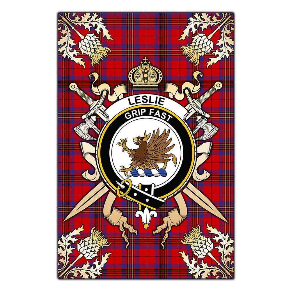 Clan Leslie Modern Tartan Crest Black Garden Flag  - Gold Thistle  UZ92 Clan Leslie Tartan Today   