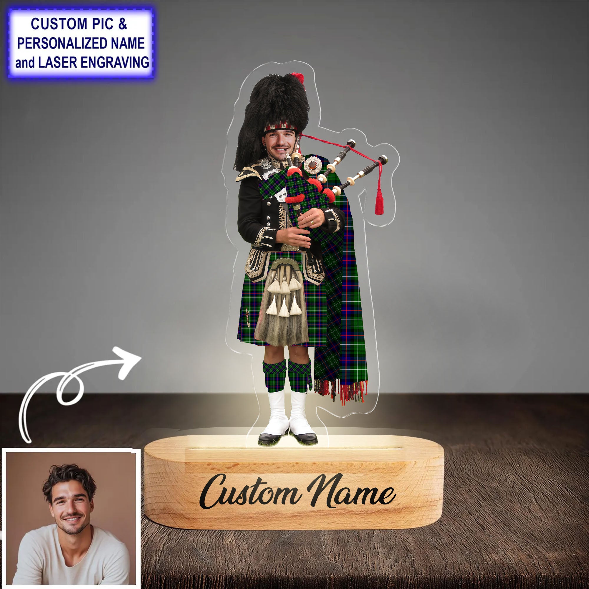 Custom Bagpipe Leslie Hunting Tartan LED Night Light - Personalized Scottish Bagpiper Figurine with Wooden Stand