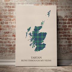 Leslie Hunting Ancient Tartan Scotland Map Canvas – “Tartan Runs Through My Veins” Wall Art