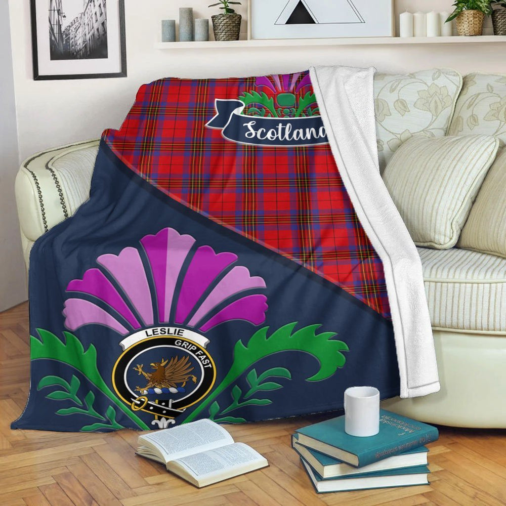 Clan Leslie Tartan Crest Premium Blanket Thistle Style IZ94 Clan Leslie Tartan Today   