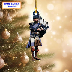 Lewis Navy Modern Tartan Bagpipe Ornament with Custom Name