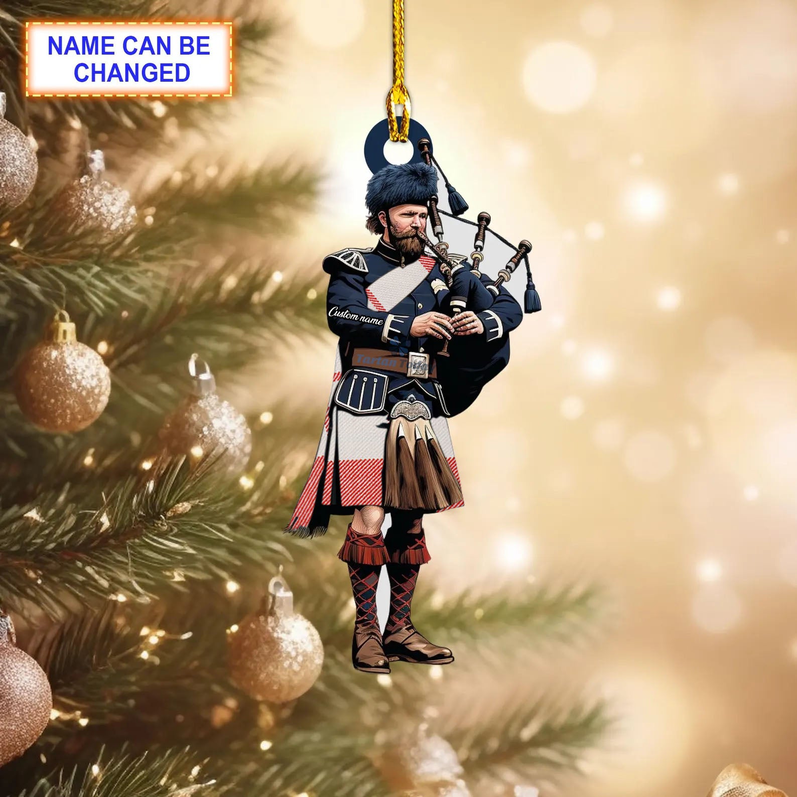 Lewis Red Modern Tartan Bagpipe Ornament with Custom Name