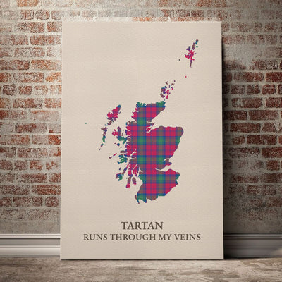 Clan Lindsay Ancient Tartan Scotland Map Canvas “Tartan Runs Through My Veins” Wall Art SI92