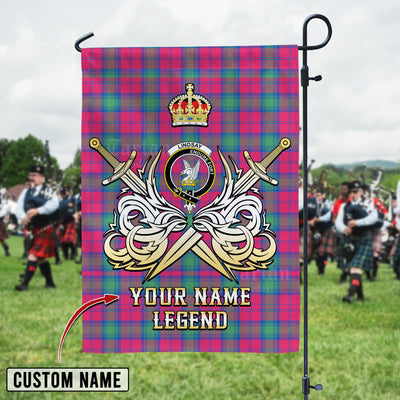 Custom Name Clan Lindsay Ancient Tartan Garden Flag with Clan Crest and the Golden Sword of Courageous Legacy