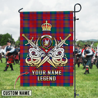 Custom Name Clan Lindsay Modern Tartan Garden Flag with Clan Crest and the Golden Sword of Courageous Legacy KM49