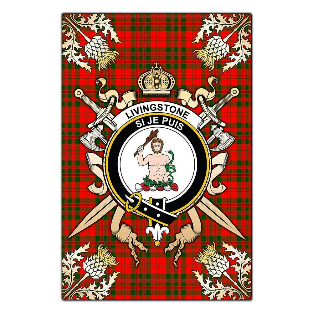 Clan Livingstone Modern Tartan Crest Black Garden Flag  - Gold Thistle  GE91 Clan Livingstone Tartan Today   
