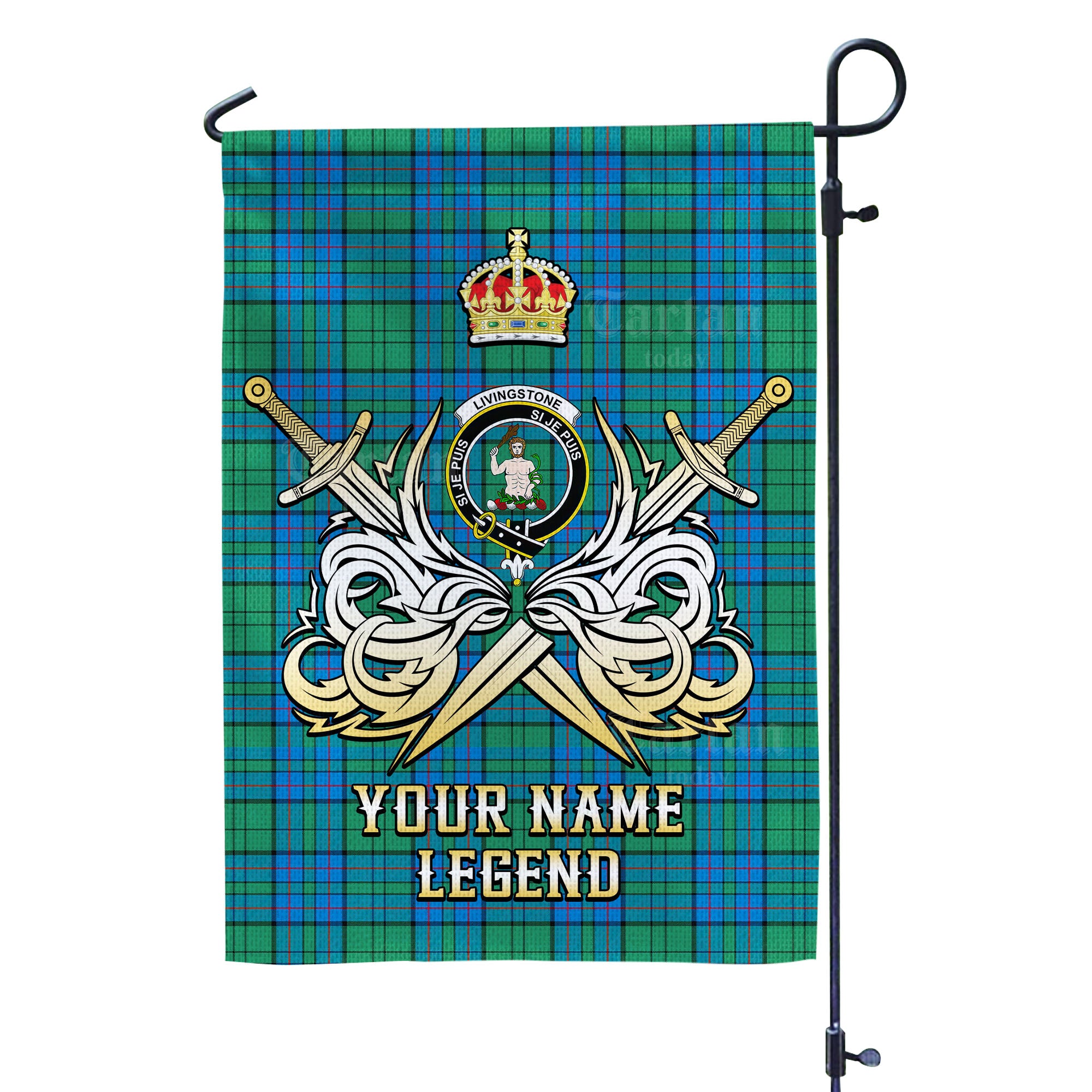 Custom Name Clan Lockhart Tartan Garden Flag with Clan Crest and the Golden Sword of Courageous Legacy LP10