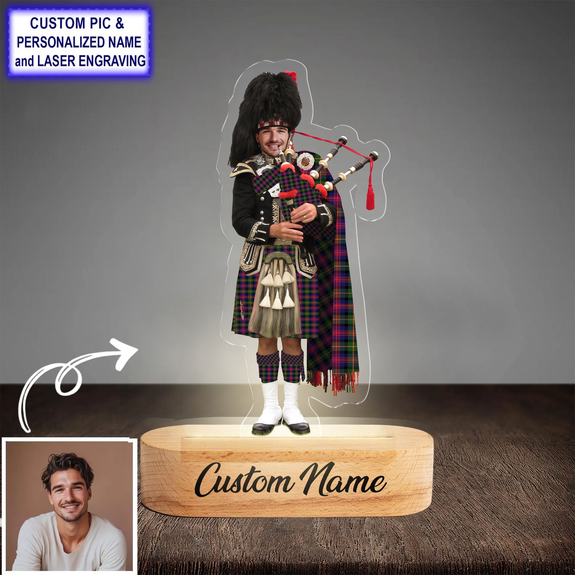 Custom Bagpipe Logan Modern Tartan LED Night Light - Personalized Scottish Bagpiper Figurine with Wooden Stand