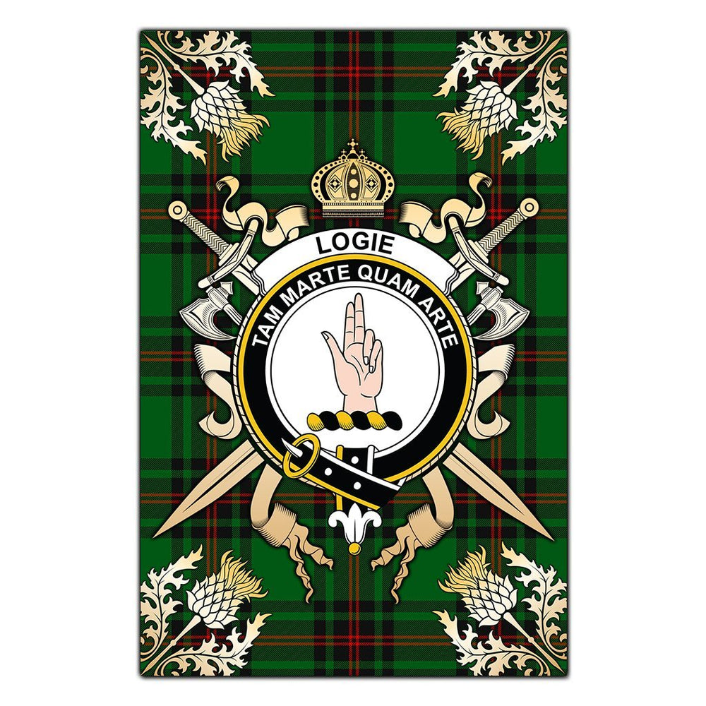 Clan Logie Tartan Crest Black Garden Flag  - Gold Thistle  VN94 Clan Logie Tartan Today   