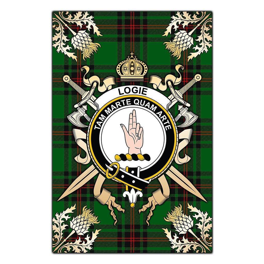 Clan Logie Tartan Crest Black Garden Flag  - Gold Thistle  VN94 Clan Logie Tartan Today   