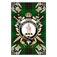 Clan Logie Tartan Crest Black Garden Flag  - Gold Thistle  VN94 Clan Logie Tartan Today   