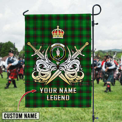 Custom Name Clan Logie Tartan Garden Flag with Clan Crest and the Golden Sword of Courageous Legacy