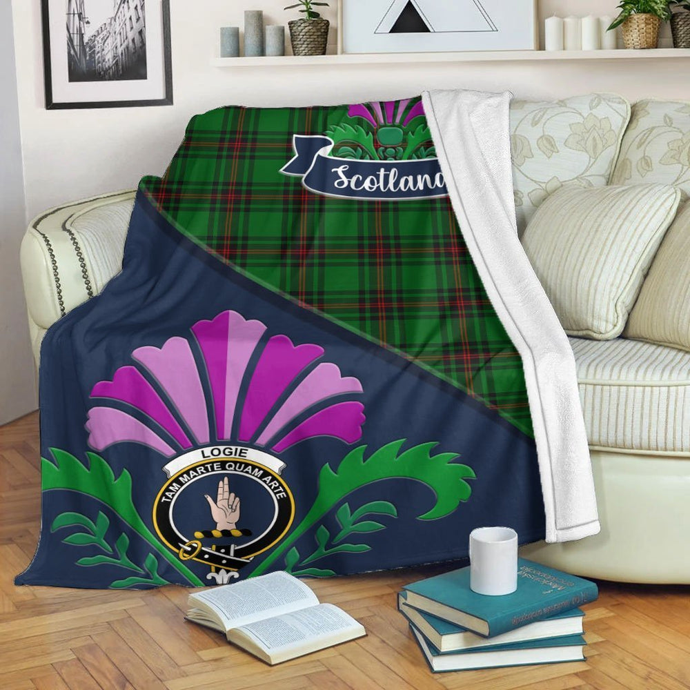 Clan Logie Tartan Crest Premium Blanket Thistle Style PI37 Clan Logie Tartan Today   