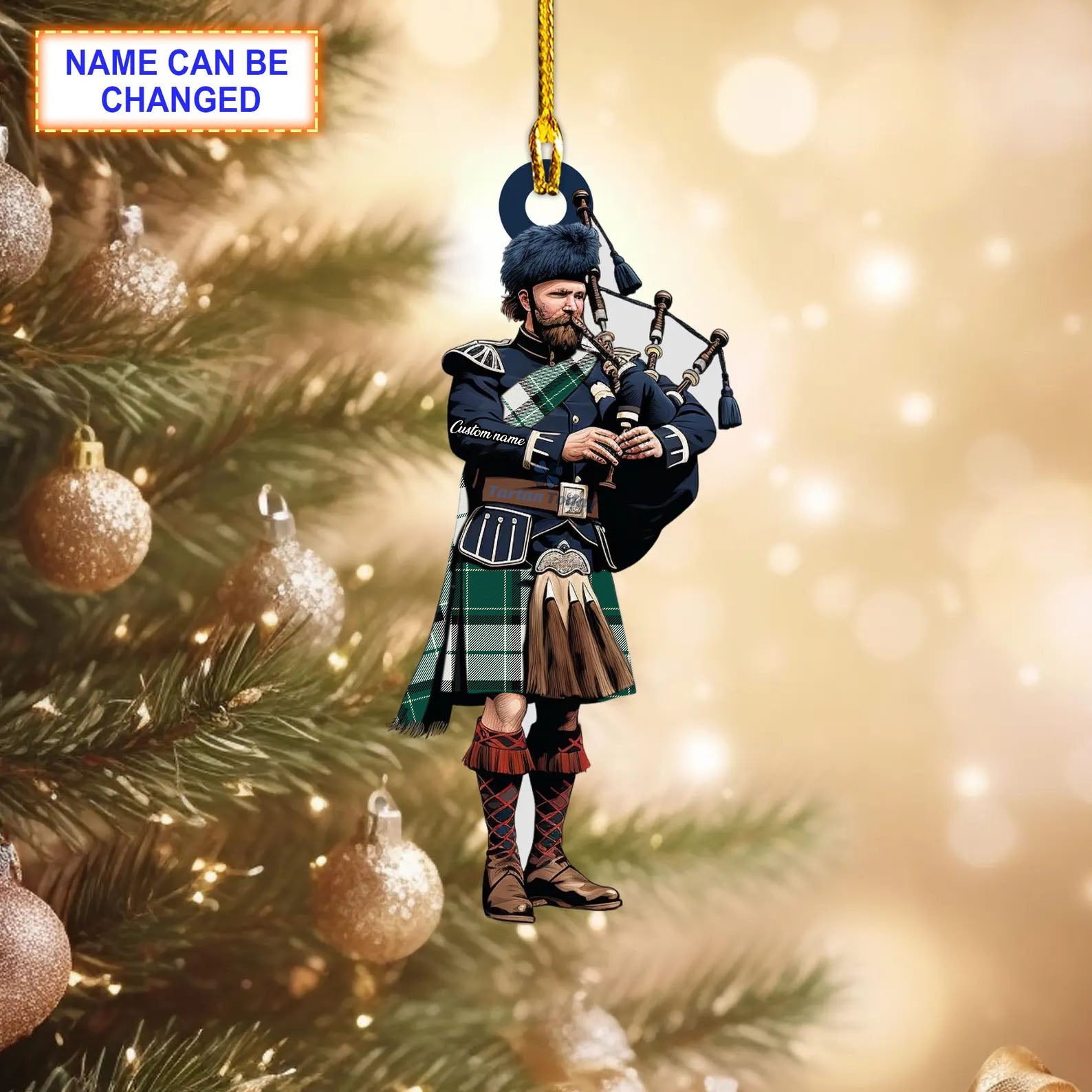 Longniddry Dress; Green Modern Tartan Bagpipe Ornament with Custom Name