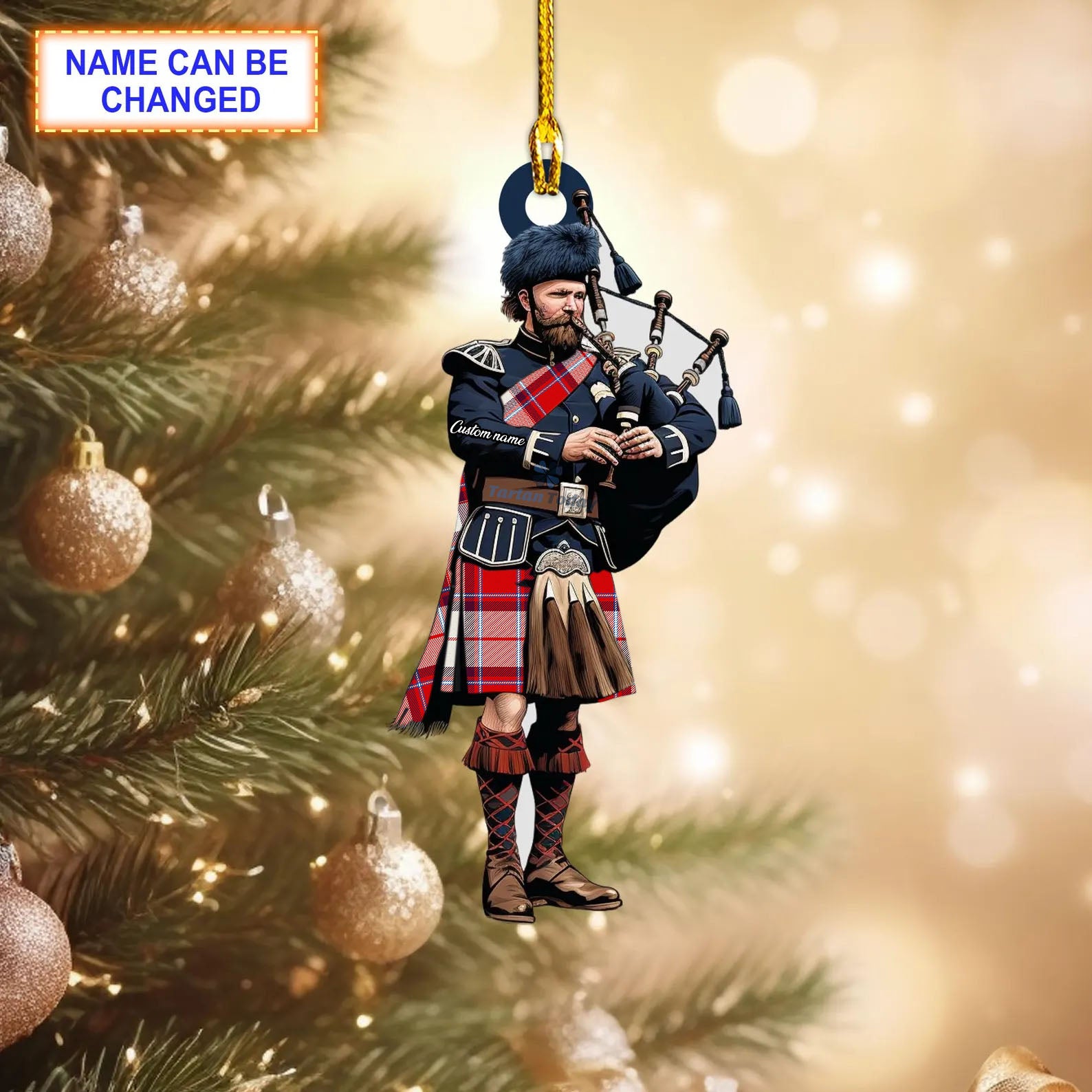 Longniddry Red Modern Tartan Bagpipe Ornament with Custom Name