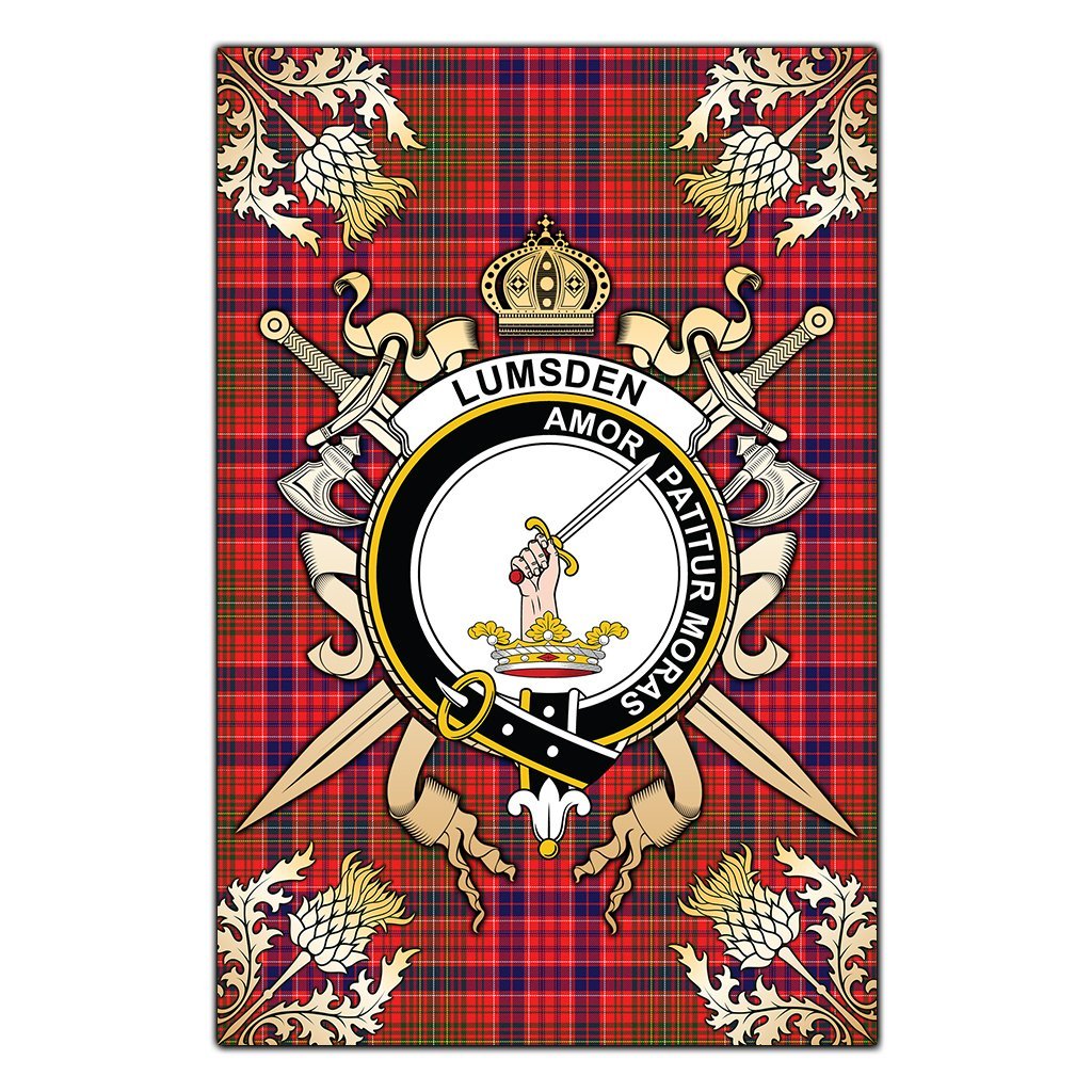 Clan Lumsden Modern Tartan Crest Black Garden Flag  - Gold Thistle  EI18 Clan Lumsden Tartan Today   