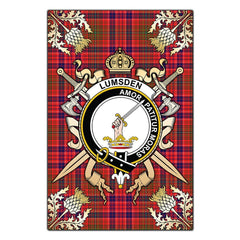 Clan Lumsden Modern Tartan Crest Black Garden Flag  - Gold Thistle  EI18 Clan Lumsden Tartan Today   