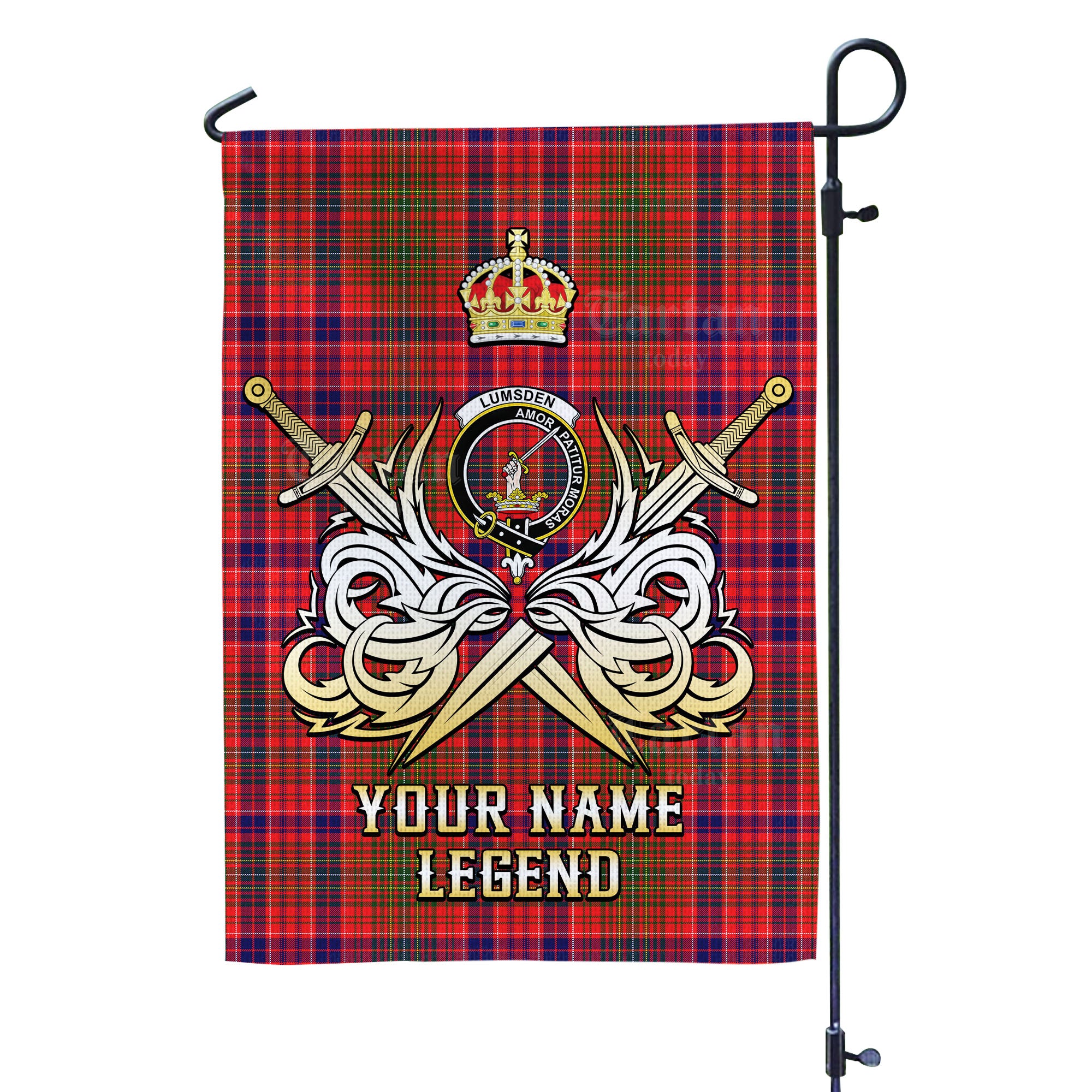 Custom Name Clan Lumsden Modern Tartan Garden Flag with Clan Crest and the Golden Sword of Courageous Legacy EJ22
