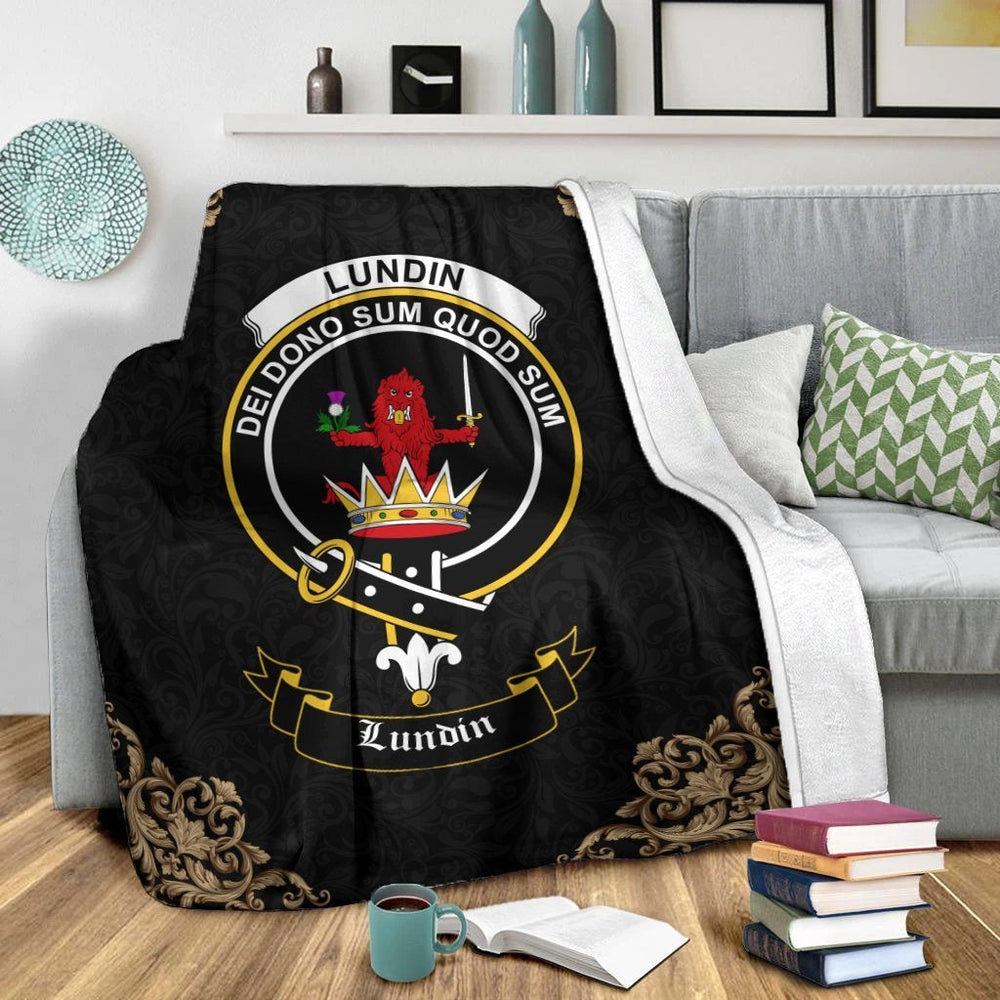 Clan Lundin Crest Tartan Premium Blanket Black SI86 Clan Lundin Tartan Today   