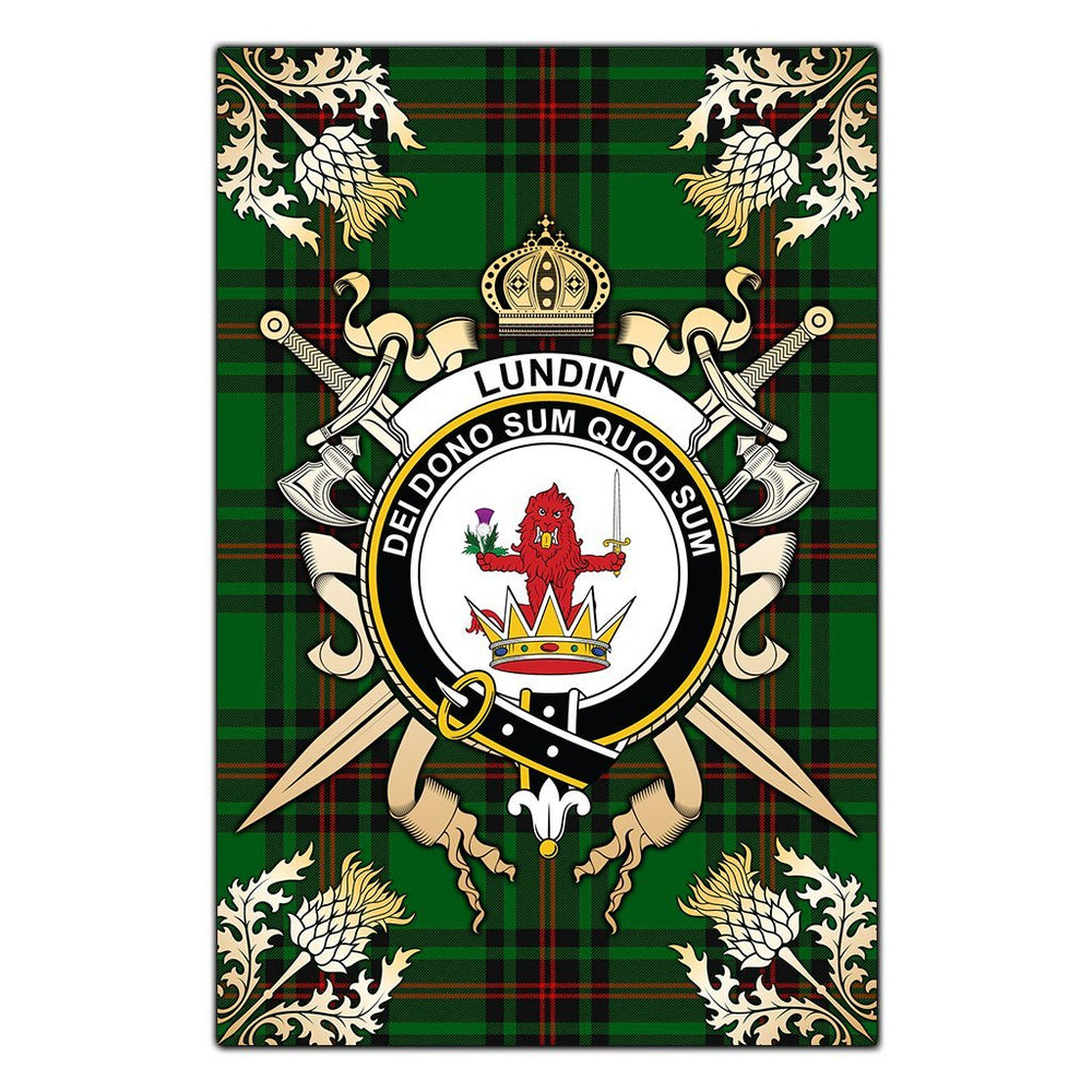 Clan Lundin Tartan Crest Black Garden Flag  - Gold Thistle  PD31 Clan Lundin Tartan Today   