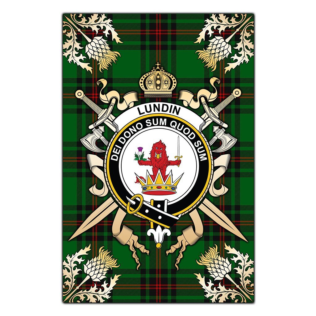 Clan Lundin Tartan Crest Black Garden Flag  - Gold Thistle  PD31 Clan Lundin Tartan Today   