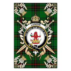Clan Lundin Tartan Crest Black Garden Flag  - Gold Thistle  PD31 Clan Lundin Tartan Today   