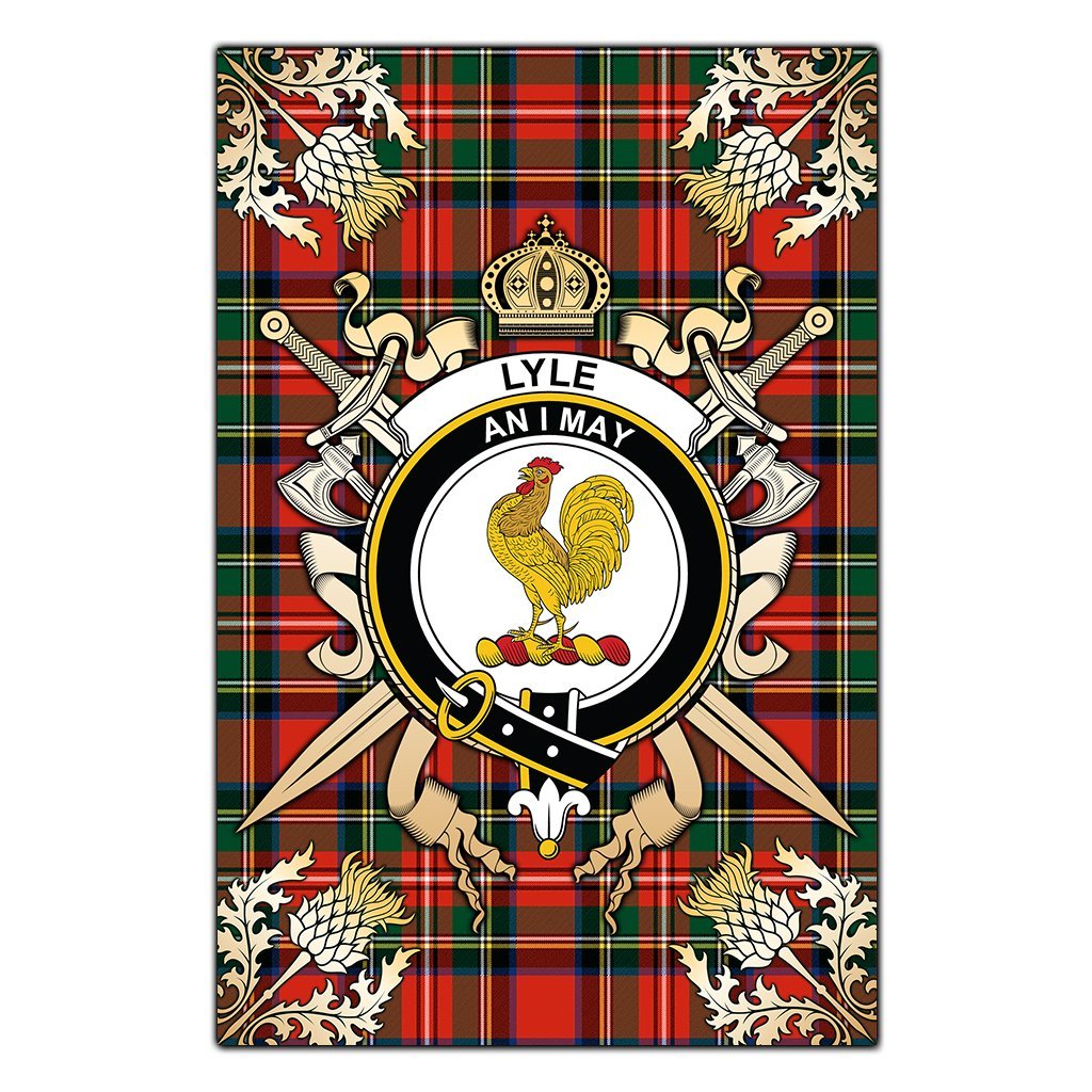 Clan Lyle Tartan Crest Black Garden Flag  - Gold Thistle  RU43 Clan Lyle Tartan Today   