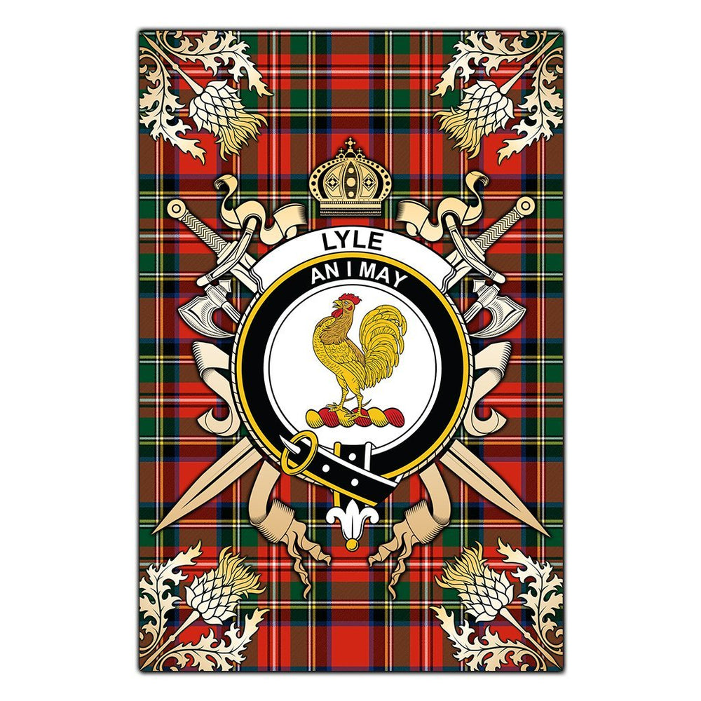 Clan Lyle Tartan Crest Black Garden Flag  - Gold Thistle  RU43 Clan Lyle Tartan Today   