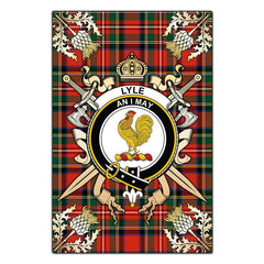 Clan Lyle Tartan Crest Black Garden Flag  - Gold Thistle  RU43 Clan Lyle Tartan Today   