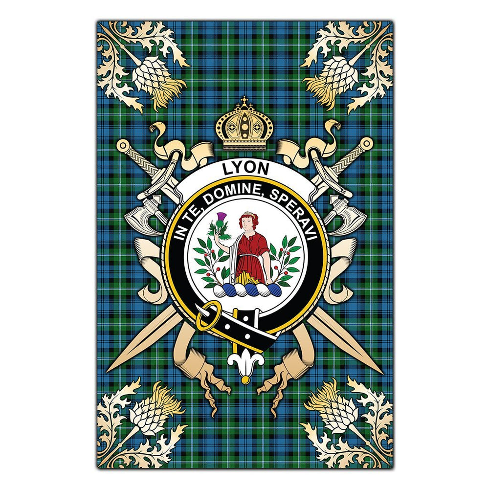 Clan Lyon Tartan Crest Black Garden Flag  - Gold Thistle  QB29 Clan Garden Tartan Today   