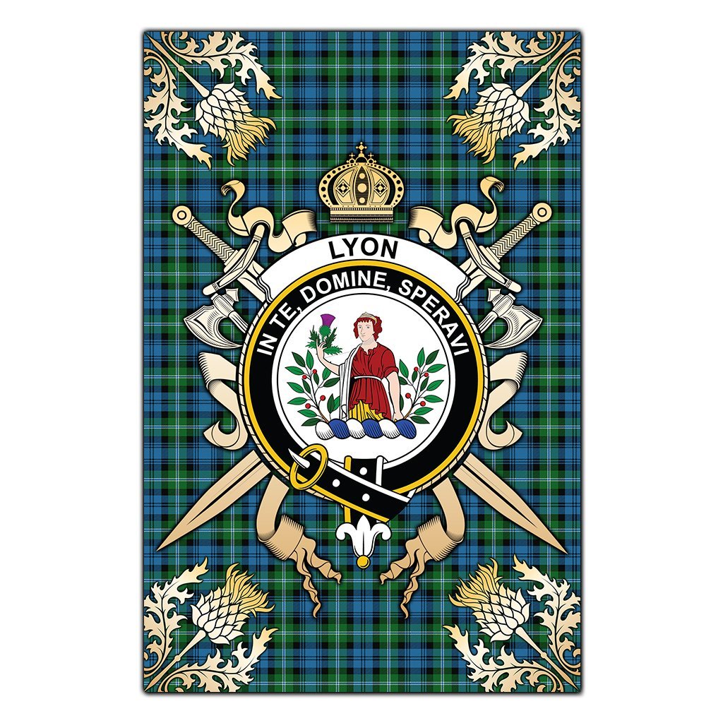 Clan Lyon Tartan Crest Black Garden Flag  - Gold Thistle  QB29 Clan Garden Tartan Today   