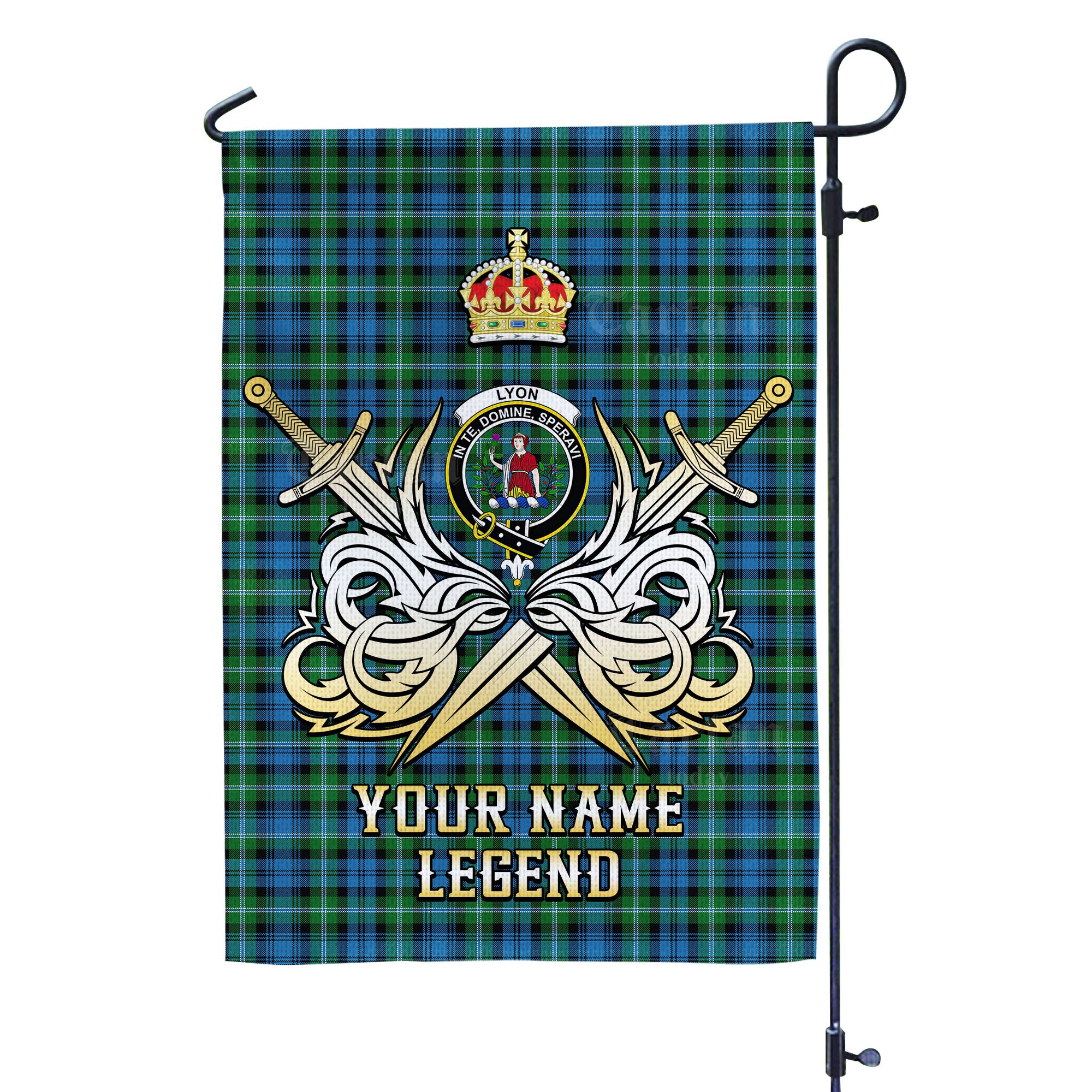 Custom Name Clan Lyon Tartan Garden Flag with Clan Crest and the Golden Sword of Courageous Legacy MK18