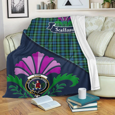 Clan Lyon Tartan Crest Premium Blanket Thistle Style