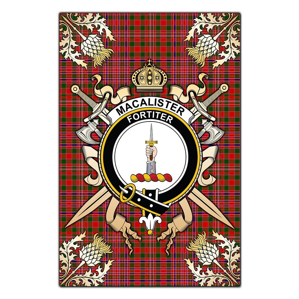 Clan MacAlister Modern Tartan Crest Black Garden Flag  - Gold Thistle  UY92 Clan MacAlister Tartan Today   