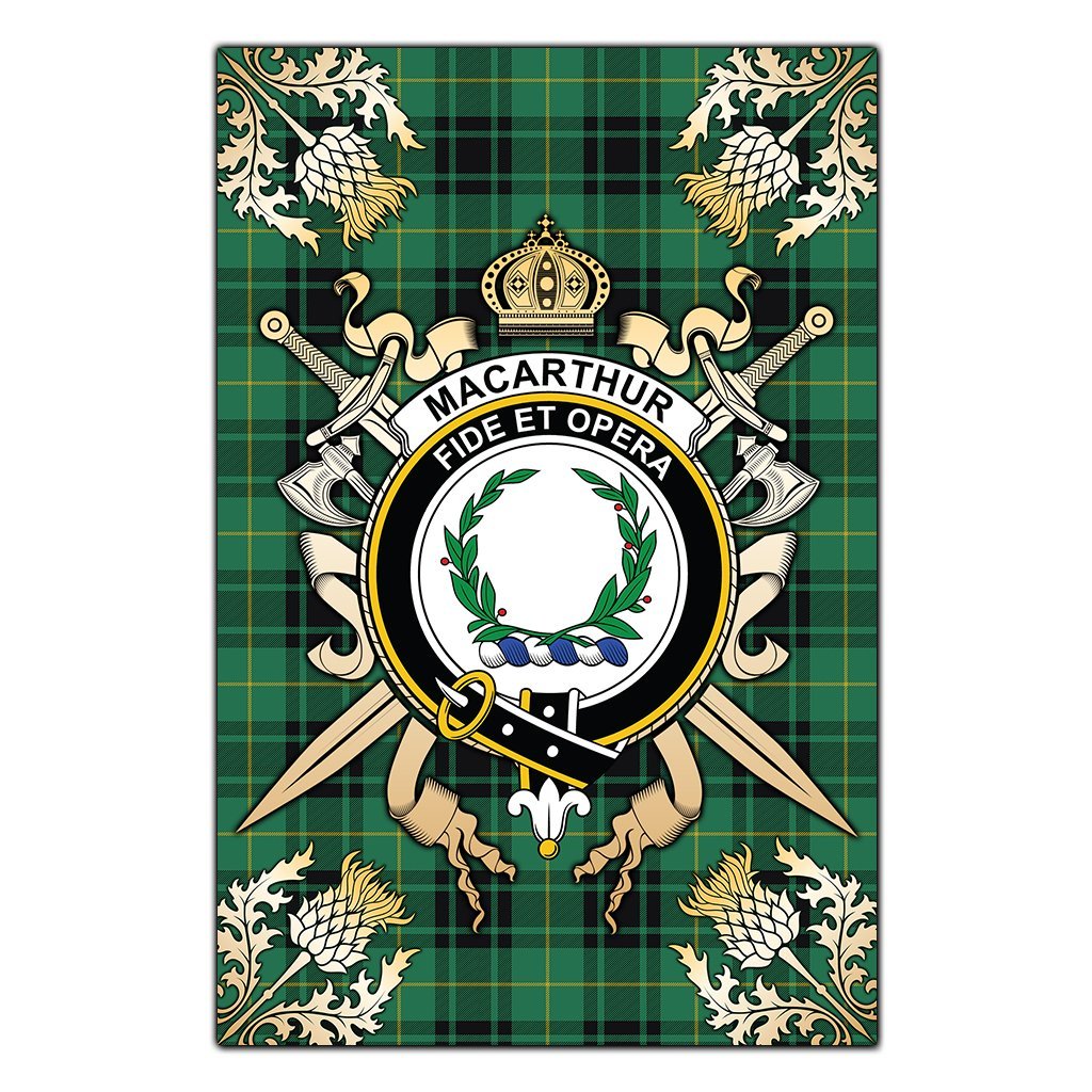 Clan MacArthur Ancient Tartan Crest Black Garden Flag  - Gold Thistle  OS25 Clan MacArthur Tartan Today   