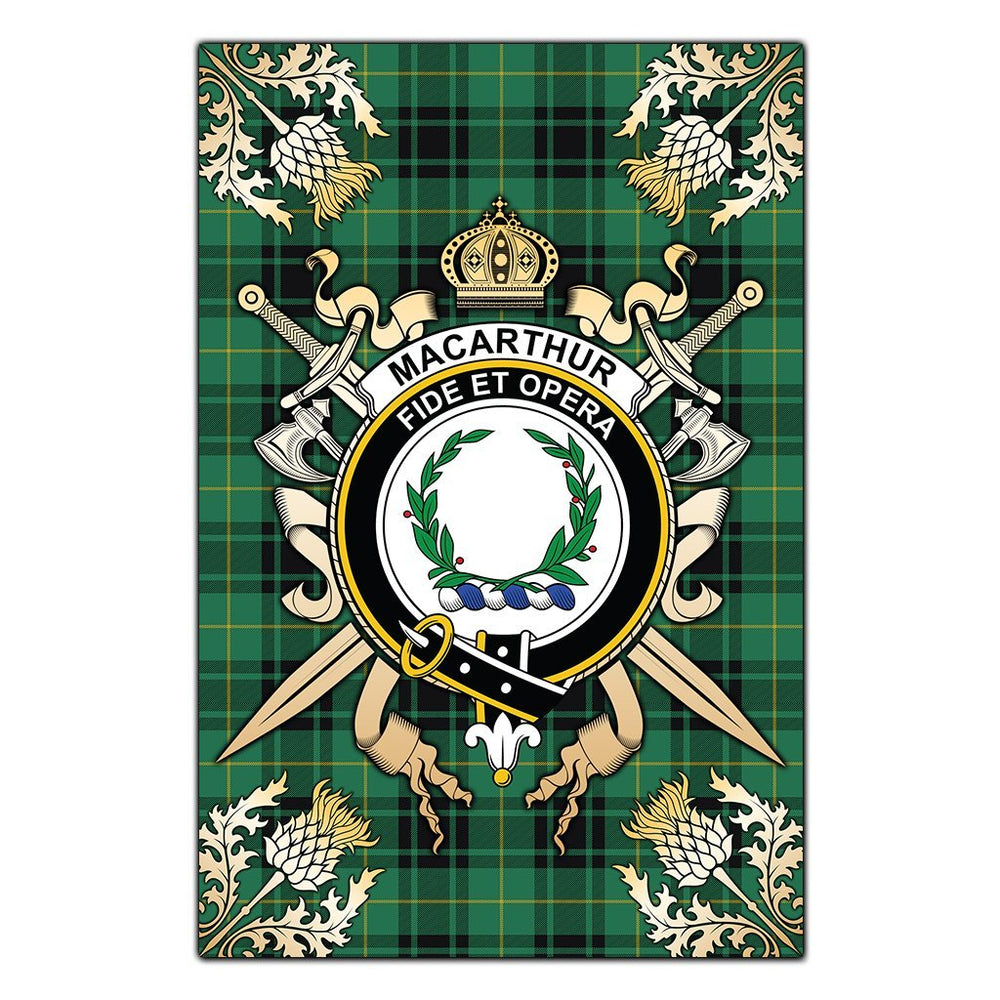 Clan MacArthur Ancient Tartan Crest Black Garden Flag  - Gold Thistle  OS25 Clan MacArthur Tartan Today   