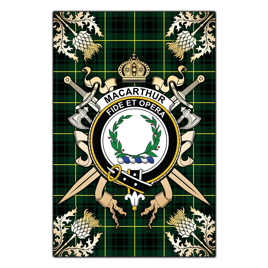 Clan MacArthur Modern Tartan Crest Black Garden Flag  - Gold Thistle  XS68 Clan MacArthur Tartan Today   