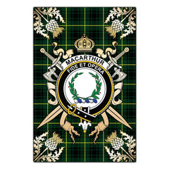 Clan MacArthur Modern Tartan Crest Black Garden Flag  - Gold Thistle  XS68 Clan MacArthur Tartan Today   