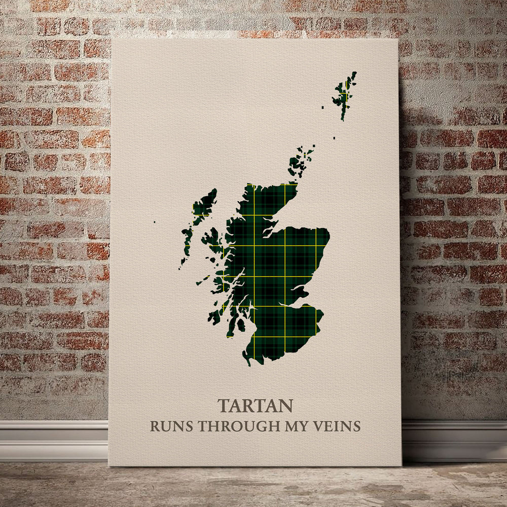MacArthur Modern Tartan Scotland Map Canvas – “Tartan Runs Through My Veins” Wall Art