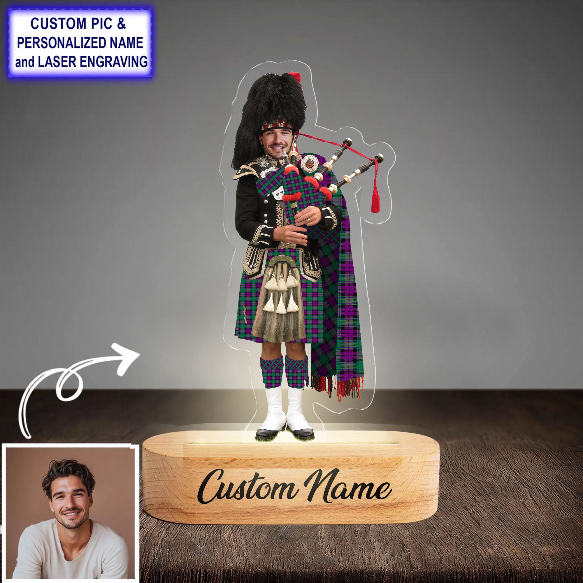 Custom Bagpipe MacArthur – Milton Tartan LED Night Light - Personalized Scottish Bagpiper Figurine with Wooden Stand