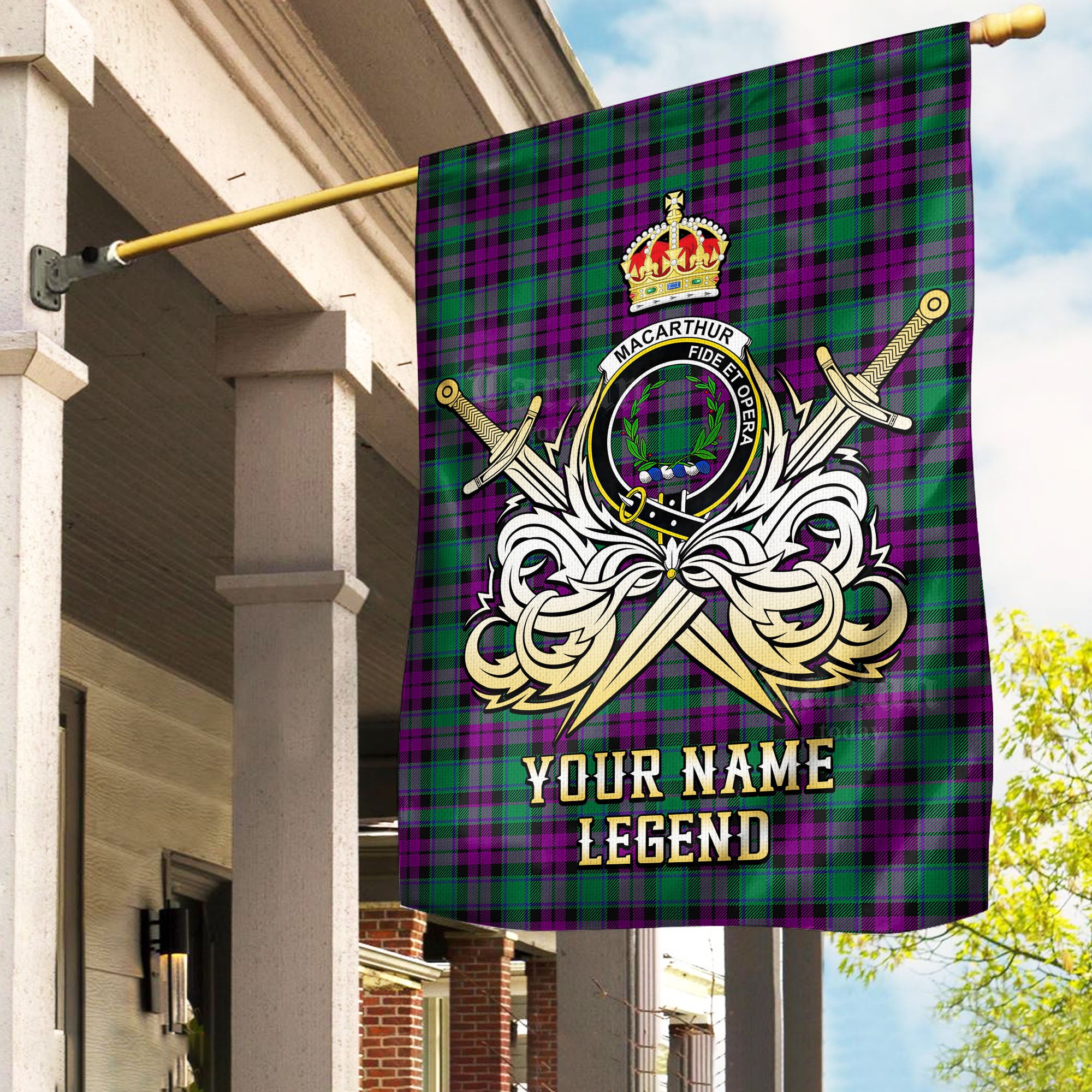 Custom Name Clan MacArthur – Milton Tartan Garden Flag with Clan Crest and the Golden Sword of Courageous Legacy EO11
