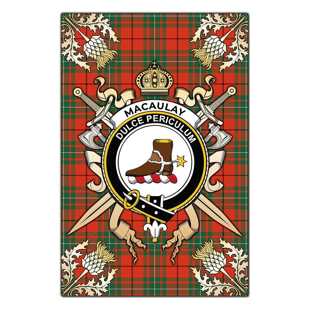Clan MacAulay Ancient Tartan Crest Black Garden Flag  - Gold Thistle  NC34 Clan MacAulay Tartan Today   